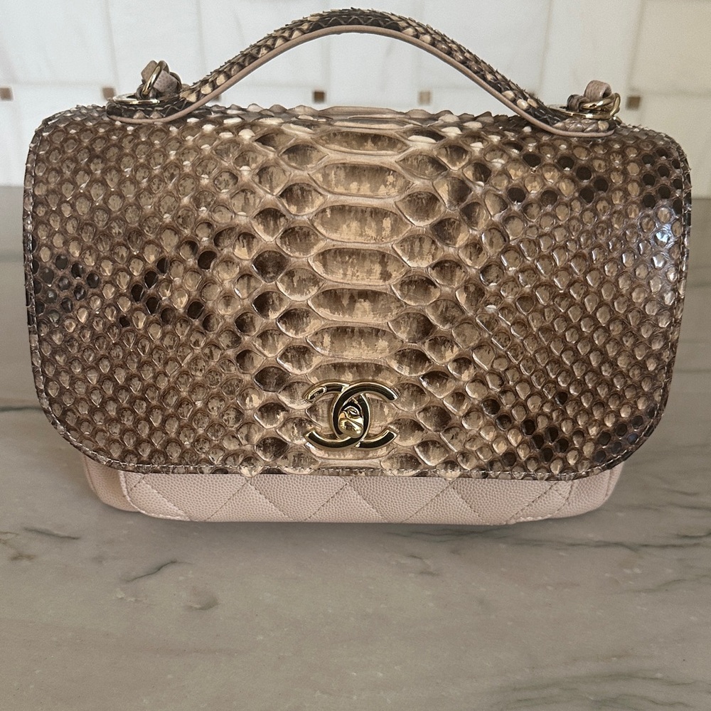 CHANEL Python Leather Shoulder Bag in Brown and Cream